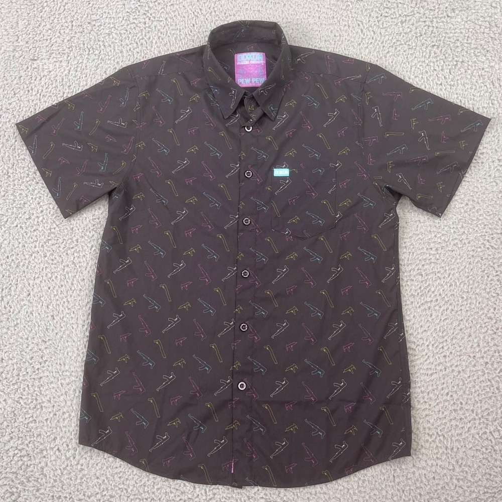 Dixxon Pew Pew Shirt Mens Medium Black Neon Gun Print Short Sleeve Button Down